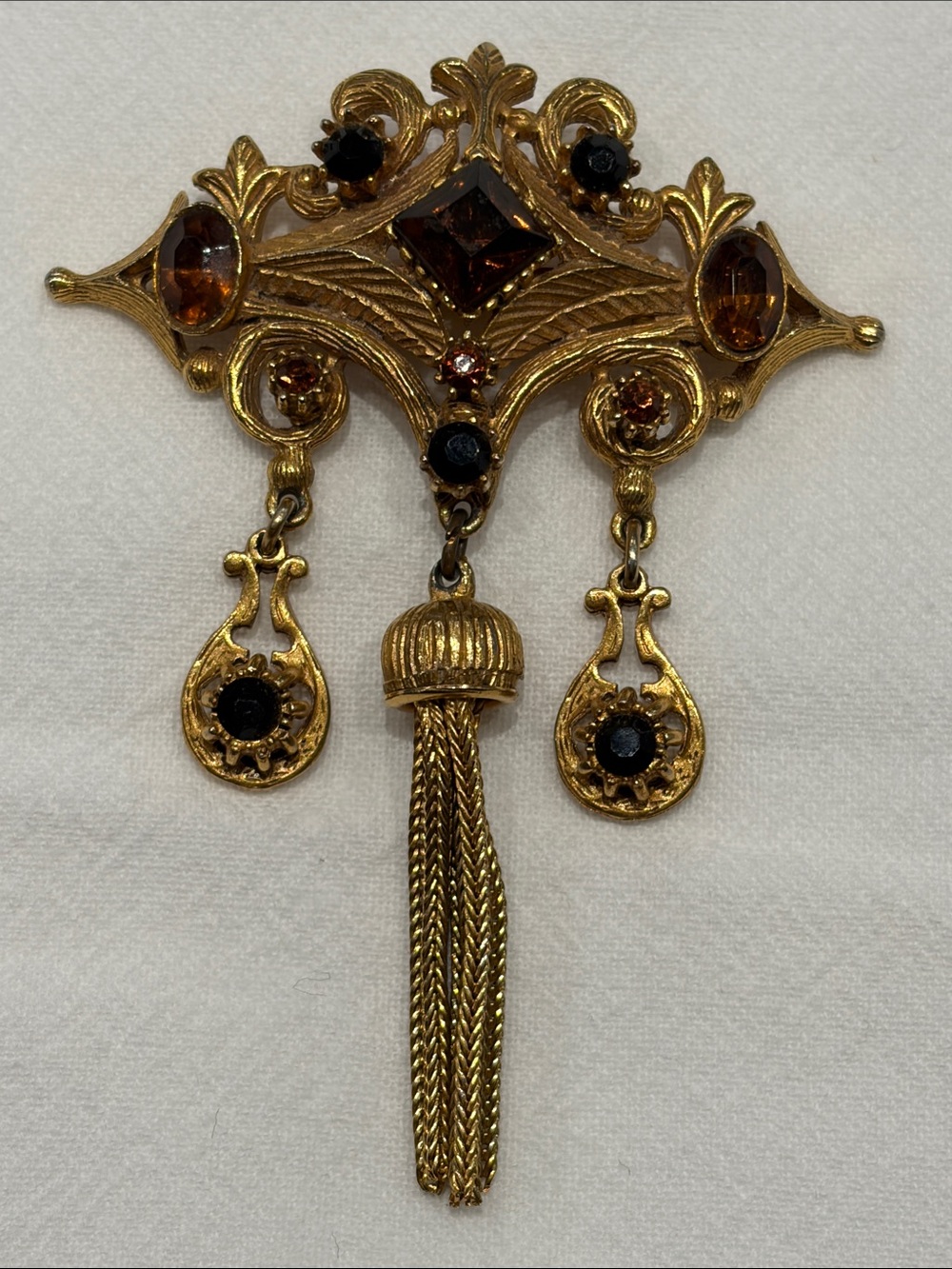 Vintage “Florenza Gold”  Tassel Brooch with Root Beer Gemstones